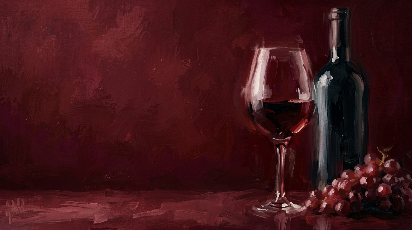A glass of red wine and a bottle against a rich burgundy backdrop